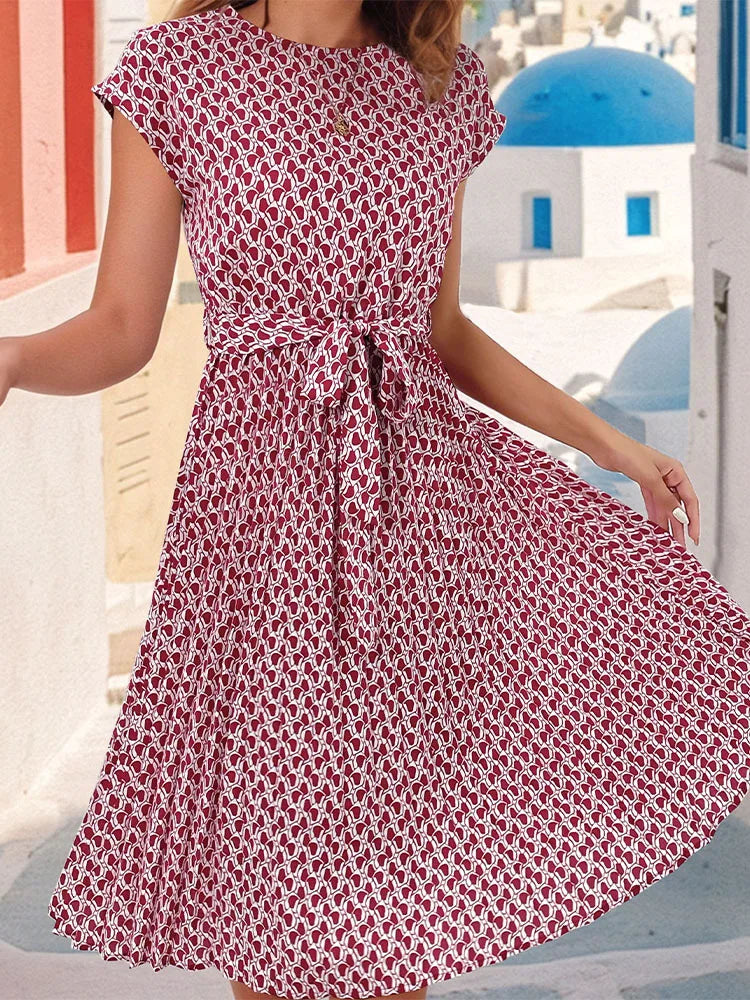 Ficusrong Fashion Floral Pleated A Line Long Dress Women Spring Summer Short Sleeve High Waist Chic Dress