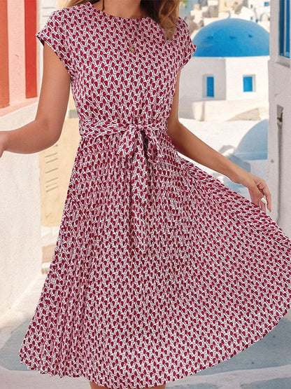Ficusrong Fashion Floral Pleated A Line Long Dress Women Spring Summer Short Sleeve High Waist Chic Dress