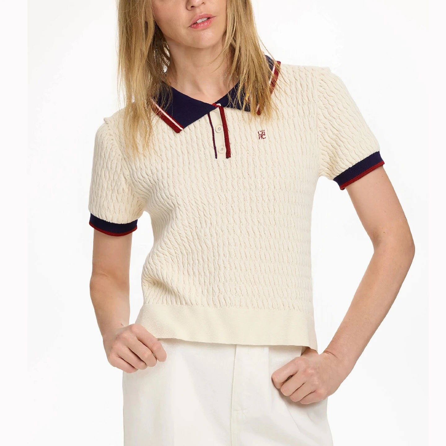 CH Solid Color Embroidered Knit Polo Shirt Women Elegant Short Sleeve Ribbed Trim Office Casual Tops