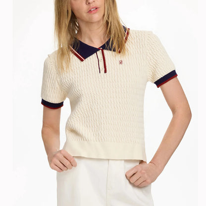CH Solid Color Embroidered Knit Polo Shirt Women Elegant Short Sleeve Ribbed Trim Office Casual Tops