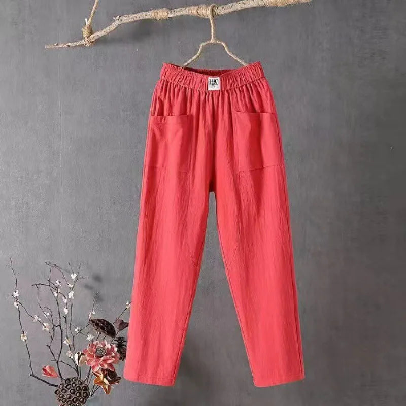 Women's Soft Cotton Linen Pants with Pockets Casual Solid Color Straight 4 Points Pants Fashion Loose Versatile Harem Pants