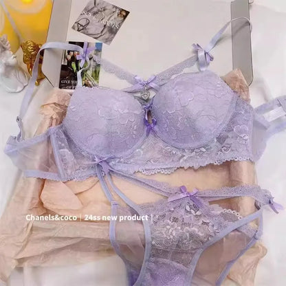 MOYISU Kawaii Heart Bra Set, Purple Lace Lingerie Sexy Pure Design, Push Up Bralette Sml Boobs Fashion Outerwear Statement Piece