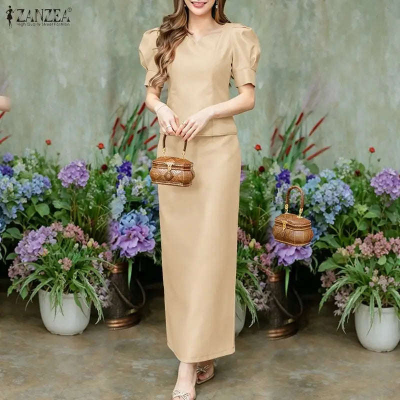 ZANZEA Women's Elegant Satin Skirt Sets Square Neck Short Puff Sleeve Crop Tops & Maxi Skirts 2 Pieces Suits Classy Party Outfit