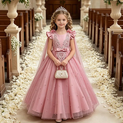 New Lace Bow Shawl Flower Girl Dress with Little Flutter Sleeves for Girls