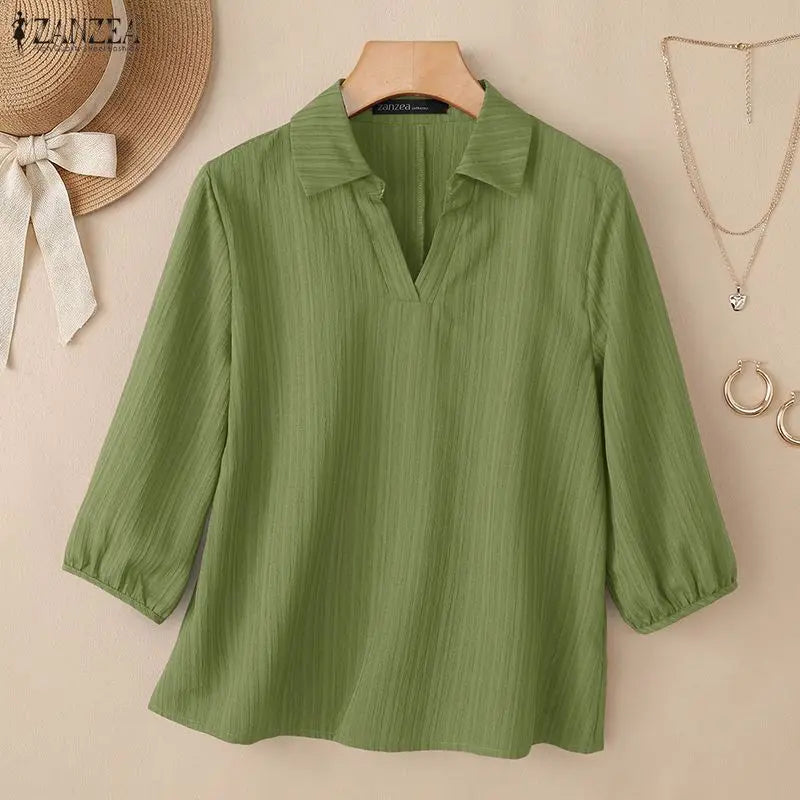 ZANZEA 2026 Summer Woman Textured Blouses Turn-Down Collar 3/4 Puff Sleeve Solid Color Pullover Tops Daily Casual Blusas Mujer