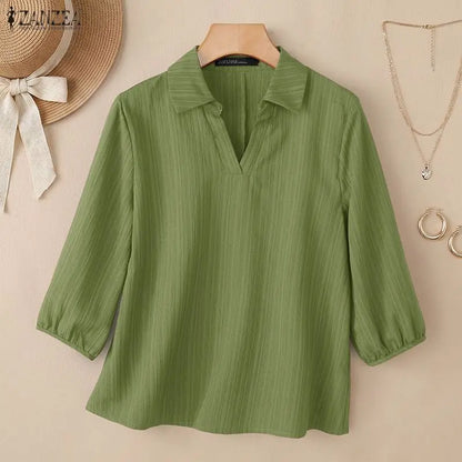 ZANZEA 2026 Summer Woman Textured Blouses Turn-Down Collar 3/4 Puff Sleeve Solid Color Pullover Tops Daily Casual Blusas Mujer