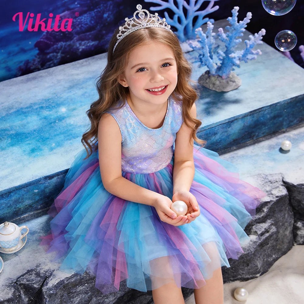 Girls Sparkle Shiny Colorful Gradient Summer Sleeveless Dress Kids Mermaid Scale Tulle Birthday Party Fairy Elegant Tutu Dress
