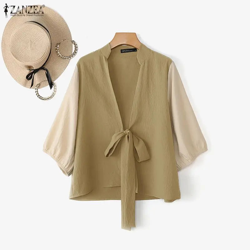 ZANZEA Woman Kimono Tops Stylish Color Blocked Lantern Sleeves Tie-Front Cover-Up 2026 Summer Casual Daily Wear Loose Cardigans