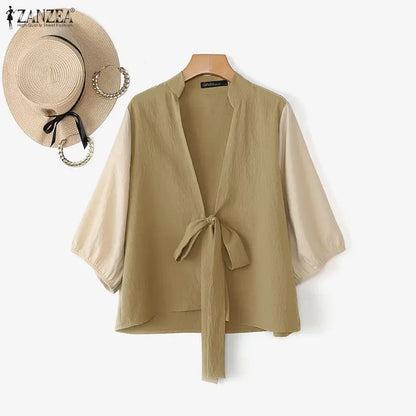 ZANZEA Woman Kimono Tops Stylish Color Blocked Lantern Sleeves Tie-Front Cover-Up 2026 Summer Casual Daily Wear Loose Cardigans