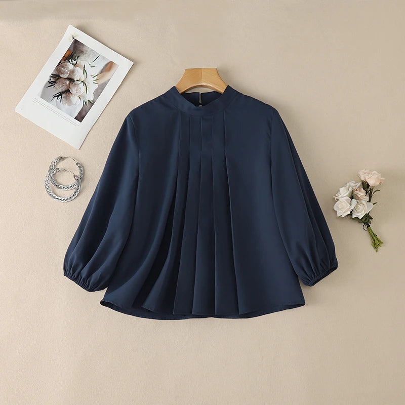 ZANZEA Women 3/4 Lantern Sleeve Blouses Summer Stand Collar Pleated Detailing Solid Color Tops Spring Commute Work Blusas Mujer