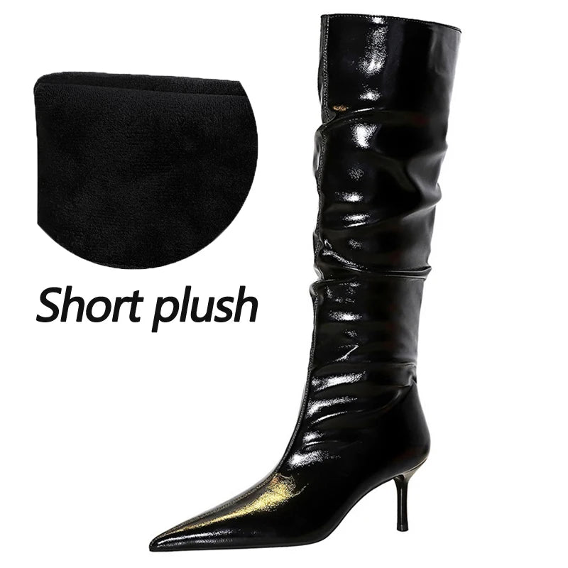 Autumn Winter Shoes Knee-high Boots Women Patent Leather Ladies' Boots Stiletto Heels 5.5 cm Women Wrinkled Tube Long Boots New
