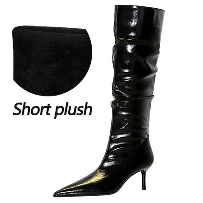 Autumn Winter Shoes Knee-high Boots Women Patent Leather Ladies' Boots Stiletto Heels 5.5 cm Women Wrinkled Tube Long Boots New