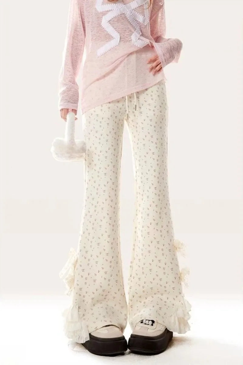 Girls' Micro Flare Pants 2026 Spring Autumn New French Bow Lace Floral Print Slimming Figure Flattering Casual Pants