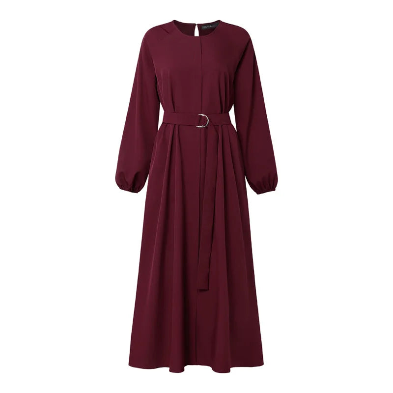 Modest Muslim Abaya Hijab Dresses ZANZEA Women Elegant O Neck Long Sleeve Belted Sundress Solid Color Loose Dubai Robe Ramadan