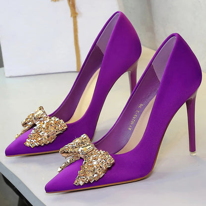 BIGTREE Shoes Luxury High Heels Women Pumps Rhinestone Bowknot Banquet Shoes Women Heels Stiletto Sexy Party Shoes Plus Size 43