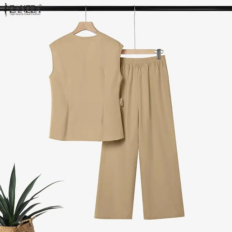 ZANZEA Women Minimalist Matching Pant Sets Wrapped V-Neck Sleeveless Tops & Wide Leg Pants 2 Piece Suits Casual Commute Outfits