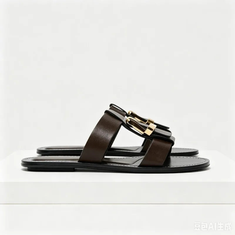Punk Style Metal Buckle Decoration Flat Sandals Women Stitching Design Women Slippers Summer Comfortable Open Toe Slide Sandals