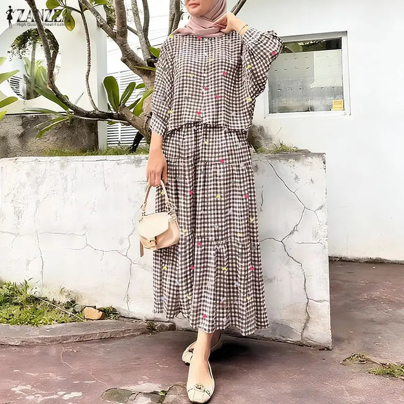 2026 ZANZEA Fashion Muslim Suit Outfits Autumn 2 Piece Sets Spring Long Sleeve Shirt Dress Skirts Women Printed Matching Sets