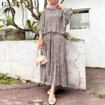 2026 ZANZEA Fashion Muslim Suit Outfits Autumn 2 Piece Sets Spring Long Sleeve Shirt Dress Skirts Women Printed Matching Sets