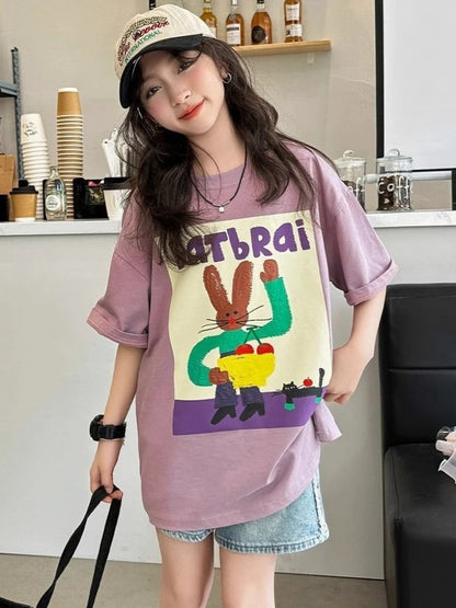 Girls Summer T-Shirt Short Sleeve 100% Cotton Kids Casual Tee 2026 New Stylish Cool Design for Big Girls Hot Weather Wear