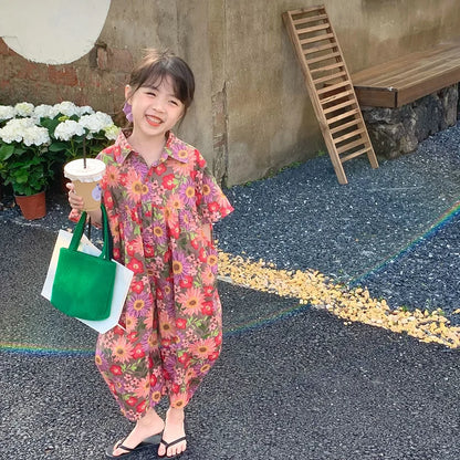 Summer Baby Girls Cotton Loose Short-Sleeved Single-breasted All-Over Floral Bodysuits Kids Jumpsuits Children Outfits 2-8 Years