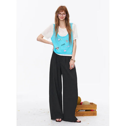 ELFSACK High Waist Pleated Wide Leg Trousers, Minimalist Casual Office Trousers for Women, Button Fly Loose Palazzo Pants