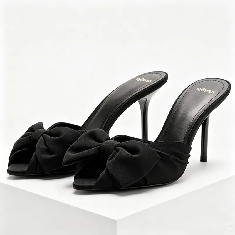 Black Butterfly Knot Decoration High Heel Slippers Women Sexy Peep Toe Slide Sandals for Ladies Summer Elegant  Heeled Sandals