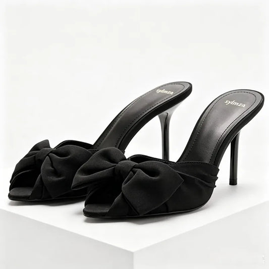 Black Butterfly Knot Decoration High Heel Slippers Women Sexy Peep Toe Slide Sandals for Ladies Summer Elegant  Heeled Sandals