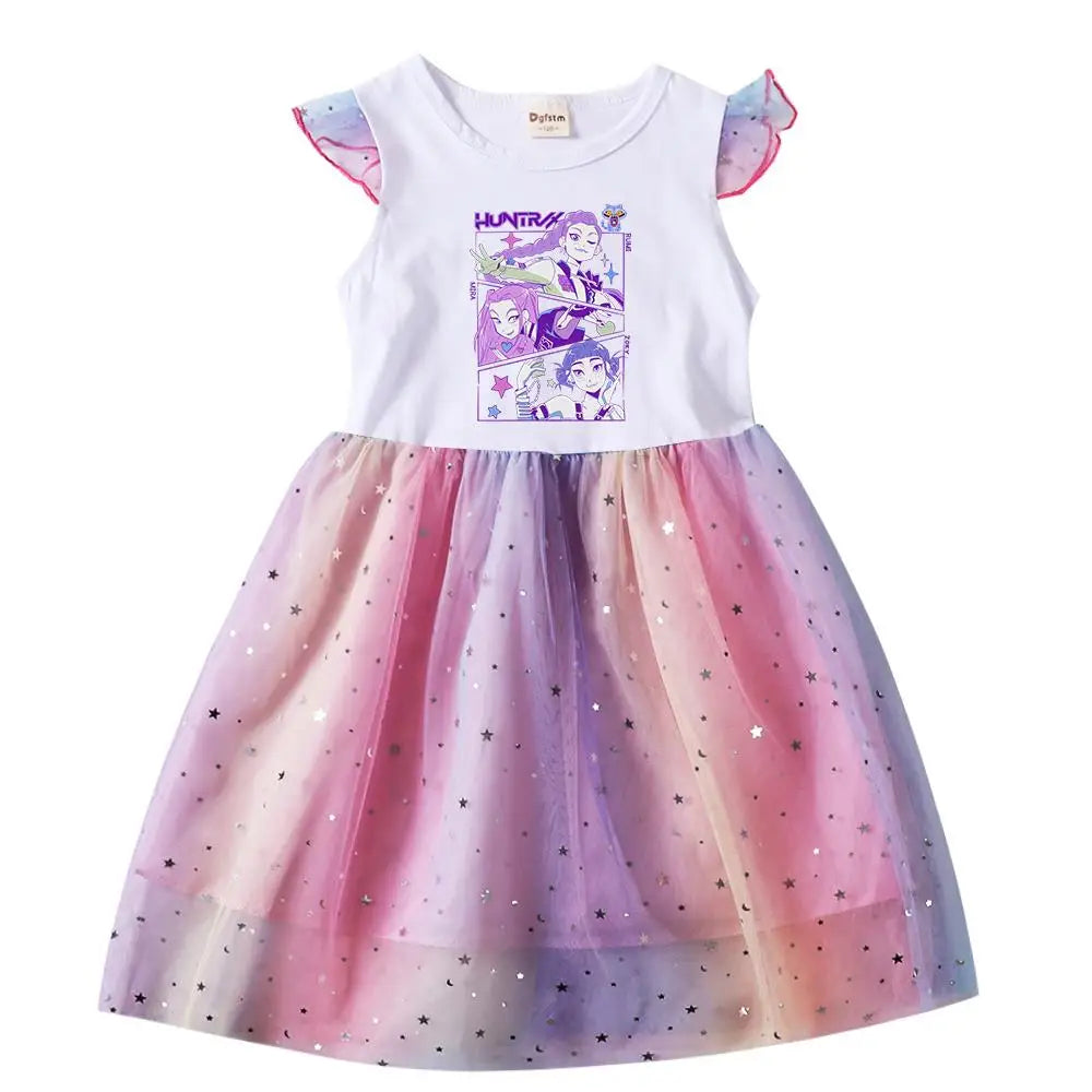 K-Pop Hunters Rumi Baby Girls Dress Children Cartoon Mesh Star Sequins Princess Dress Kids Flying Sleeve Skirt For Birthday Gift