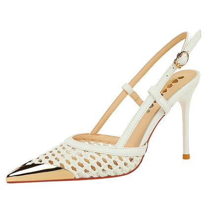 BIGTREE Fashion Hollow Woven Slim Heel Sandals Women Shoes Summer Advanced Metal Pointed High Heels Women Pumps Stiletto 8.5 cm