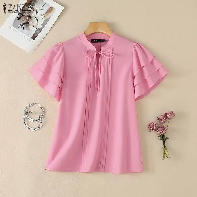 ZANZEA 2026 Woman Elegant Blouses Tie Neck Layered Ruffles Sleeves Pintuck Solid Tops Summer Casual Daily Wear Blusas Mujer 3XL