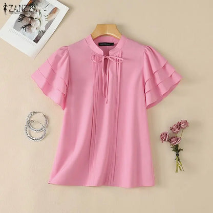 ZANZEA 2026 Woman Elegant Blouses Tie Neck Layered Ruffles Sleeves Pintuck Solid Tops Summer Casual Daily Wear Blusas Mujer 3XL