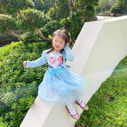 2026 New Snow Queen Dress for Girls Long Sleeve Cotton Lining Puffy Tulle Tutu Princess Gown Kids Birthday Party Clothes Blue