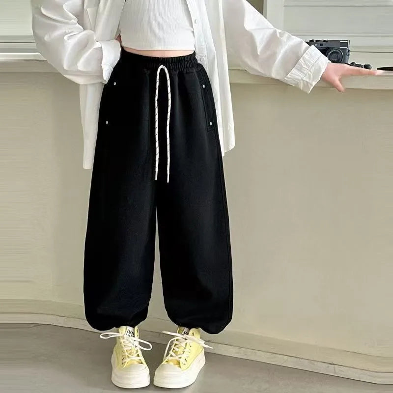 Girls' Harem Joggers Spring Autumn Loose Fit All Match Casual Sporty Pants with Ankle Cuff Breathable Fabric Adjustable Cuffs