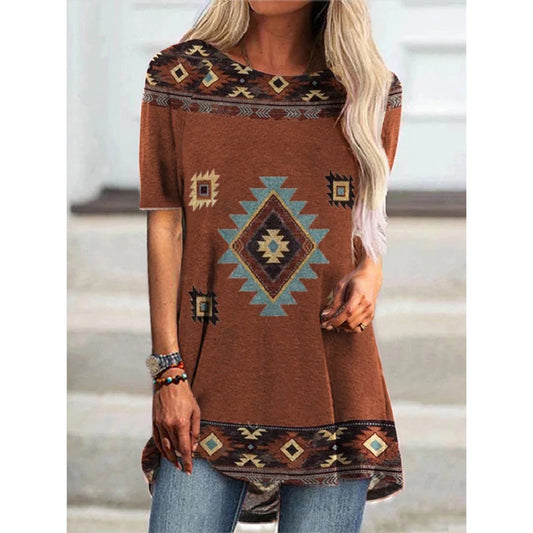 Western Ethnic Style T-shirt 3D Print Geometry Streetwear Women Retro Tunic T Shirts Y2K Tops Tees Woman Girl Oversized Clothing