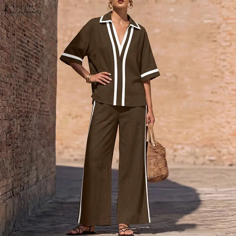 ZANZEA Patchwork 2 Pieces Sets OL Style Fashion Women Pants Sets Turn Down Collar Half Sleeve Shirt Trousers Suit Casual Outfits
