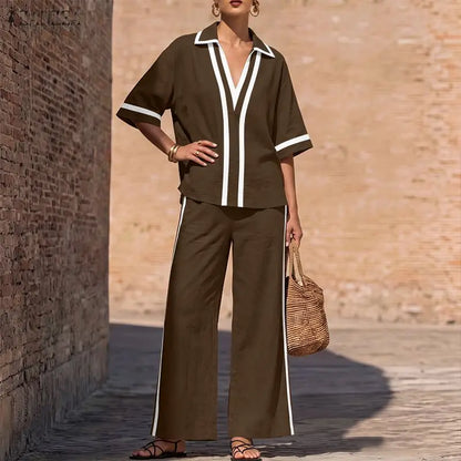 ZANZEA Patchwork 2 Pieces Sets OL Style Fashion Women Pants Sets Turn Down Collar Half Sleeve Shirt Trousers Suit Casual Outfits