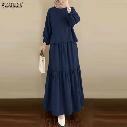 2026 ZANZEA Fashion Women Long Sleeve Tops Dress Suit Muslim 2 Piece Sets Solid Outfits Dubai Hijab Tracksuit A Line Skirt Sets