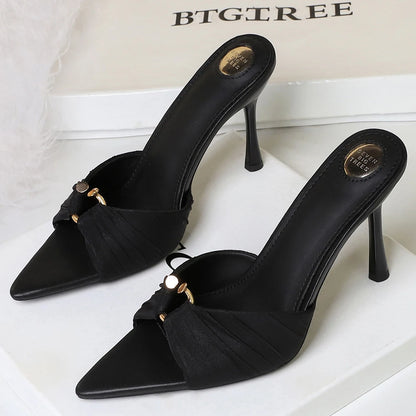 BIGTREE Shoes Pleated Lace Women Pumps Sexy High Heels Pointed Heeled Sandals Women Summer Shoes Stiletto Open Toed Slippers