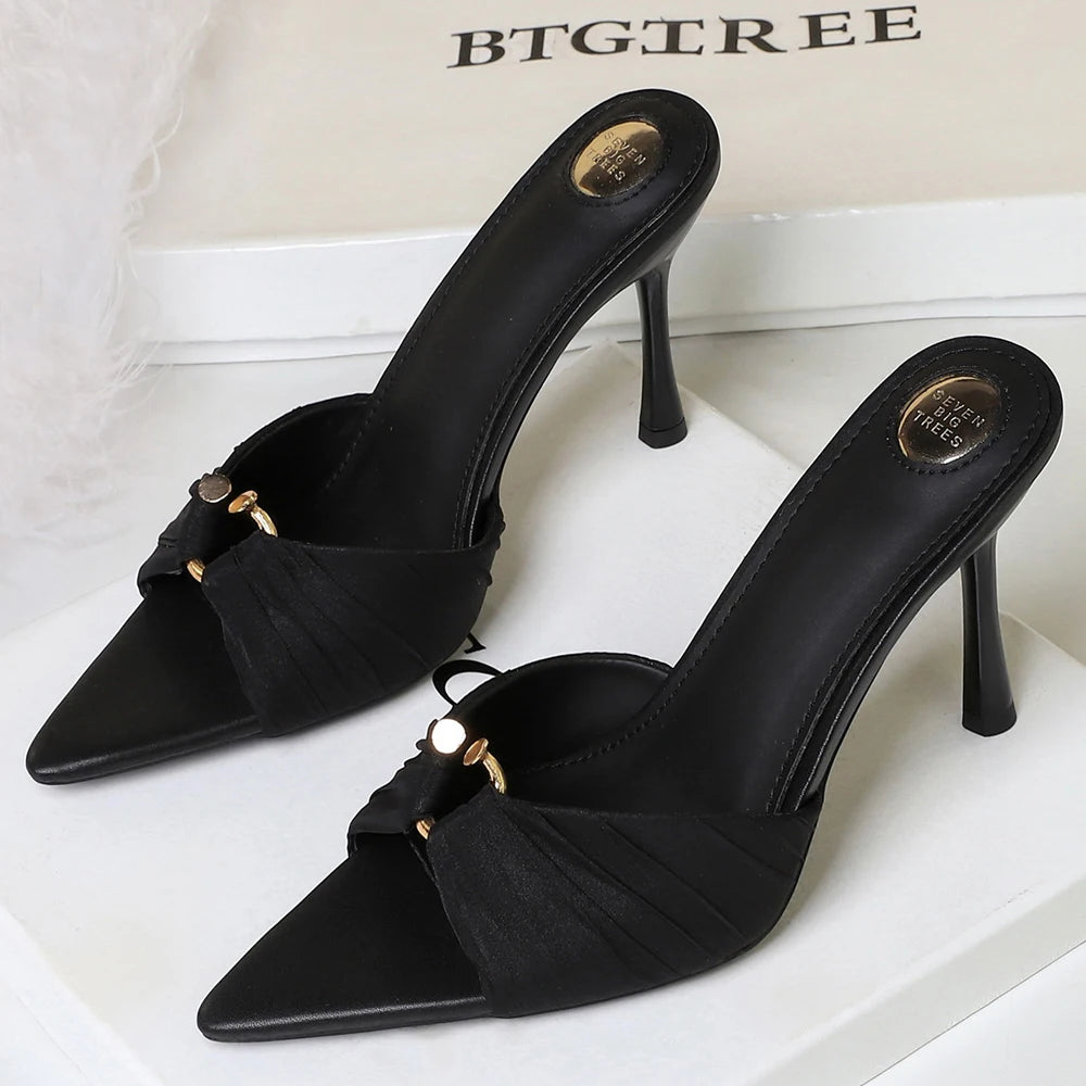 BIGTREE Shoes Women Sandals Leopard Pleated Lace Women Pumps Open-toe High-Heeled Sandals Summer Slippers Stiletto 9 Cm Heels ﻿