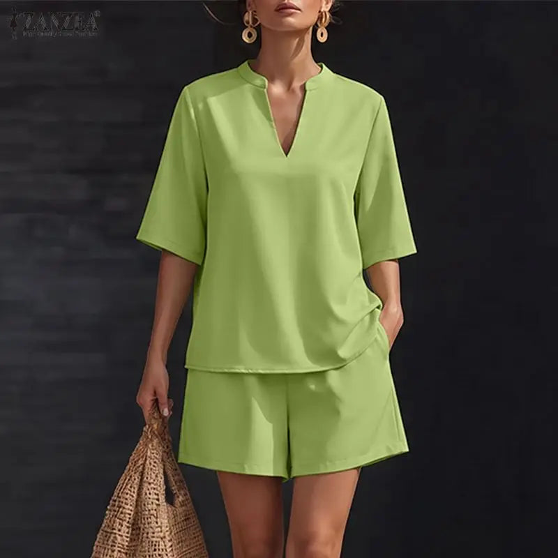 ZANZEA Fashion Women 2 Pieces Sets 2PCS V Neck Short Sleeve Blouse Short Sets Casual Solid Color OL Work Outfit Summer Tracksuit