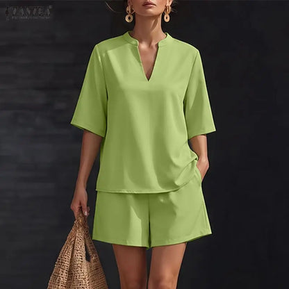 ZANZEA Fashion Women 2 Pieces Sets 2PCS V Neck Short Sleeve Blouse Short Sets Casual Solid Color OL Work Outfit Summer Tracksuit