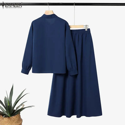 ZANZEA Women Muslim Two Piece Set Vintage Floral Embroidered Long Sleeve Button Blouse Tiered Maxi Skirt Modest Islamic Clothing