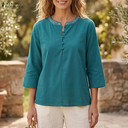 Women Blouse 3/4 Sleeve ZANZEA Cotton Tops O Neck Casual Tunic Summer Autumn Tee Blusas OL Work Party Streetwear Oversize