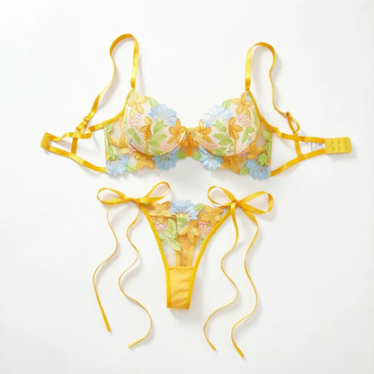 Women Yellow Floral Embroidery Lingerie Set Bow Tie Side Sheer Mesh Bra And Thong 2‑Pieces Intimate Underwear ZA825291
