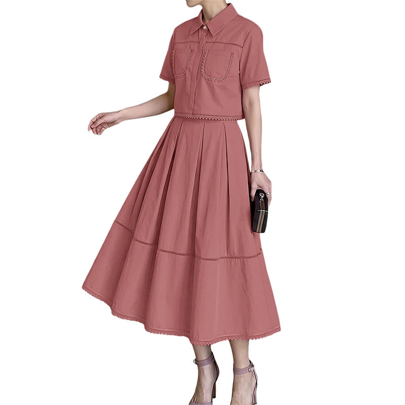 ZANZEA Women's Summer Lace Patchwork 2-Piece Sets Collared Short Sleeve Cropped Blouse & A-Line Midi Skirt Suits Commute Outfit