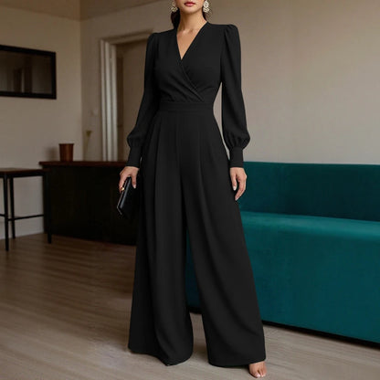 ZANZEA Women's Elegant Wrap V-Neck Jumpsuits Long Sleeve Cinch Waist Solid Color Wide Leg Pant Overalls Woman Fashion Jumpsuit