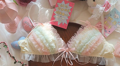 Lolita Princess Pure Desire Bra Set Women Japanese Cake Layer Lace Mesh Cotton Crotch New Party Lingerie Push Up Comfort Soft