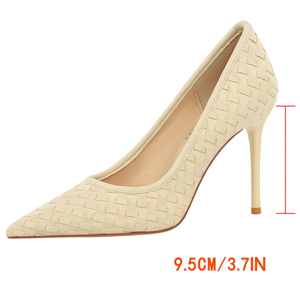 BIGTREE Shoes Grid Suede Design Women Pumps Stiletto 9.5 CM Sexy Party Shoes Pointed Tip High Heels Ladies Shoes Office Shoes