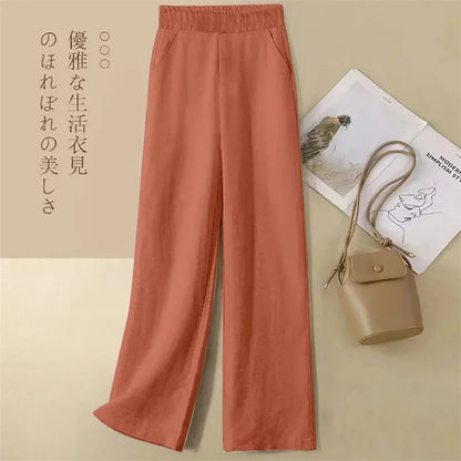 Linen Wide Leg Pants Women New Summer Thin Elastic High Waist Long Pants Autumn Casual Loose Cotton And Linen Straight Trousers